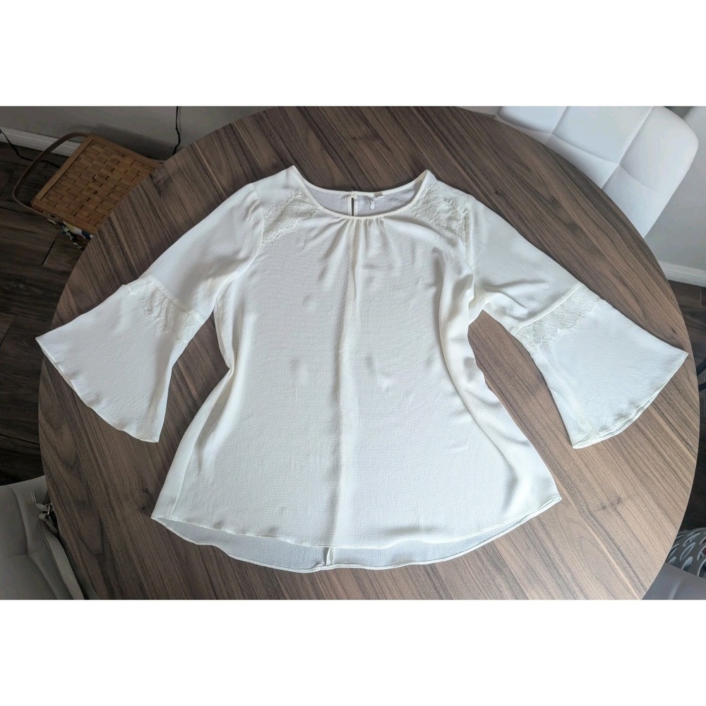 EST 1946 Women's Ivory Bell Sleeve Lace Trim Blouse Size L Cottagecore Knit Top